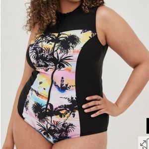 Torrid Palm print Active Wireless Sleeveless Rashguard One Piece Swimsuit Large